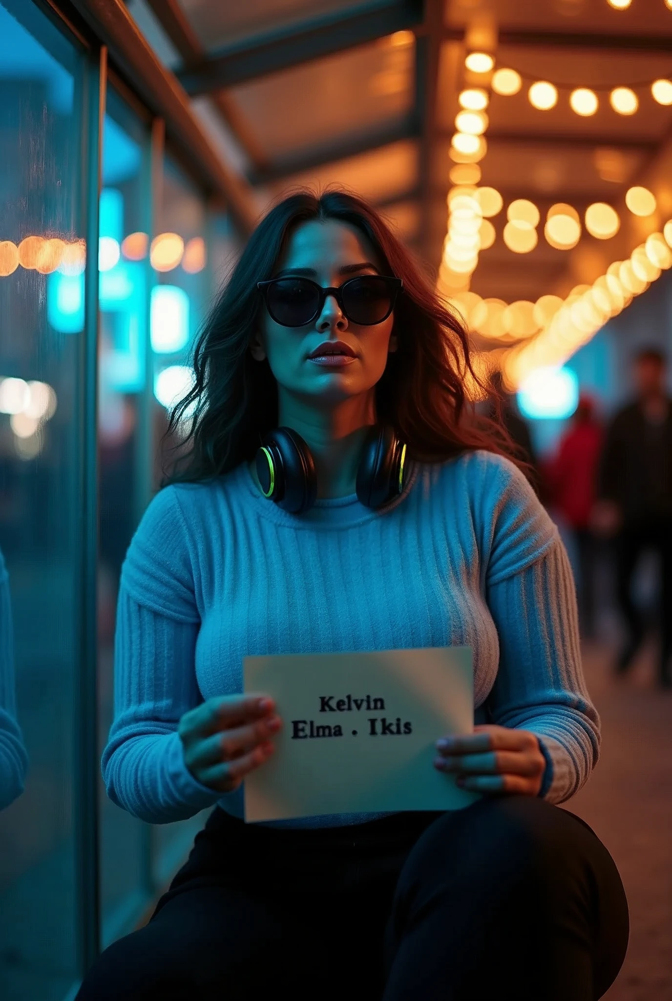 Very beautiful women(curve body) sitting in bus shelter crowded people holding a papper with text Kelvin, elma, ikis, wearing blue sweeter and black pants, sun glasses and headphones, full body from low angle picture, warmlights, beautiful lights at nights.(colorfull)