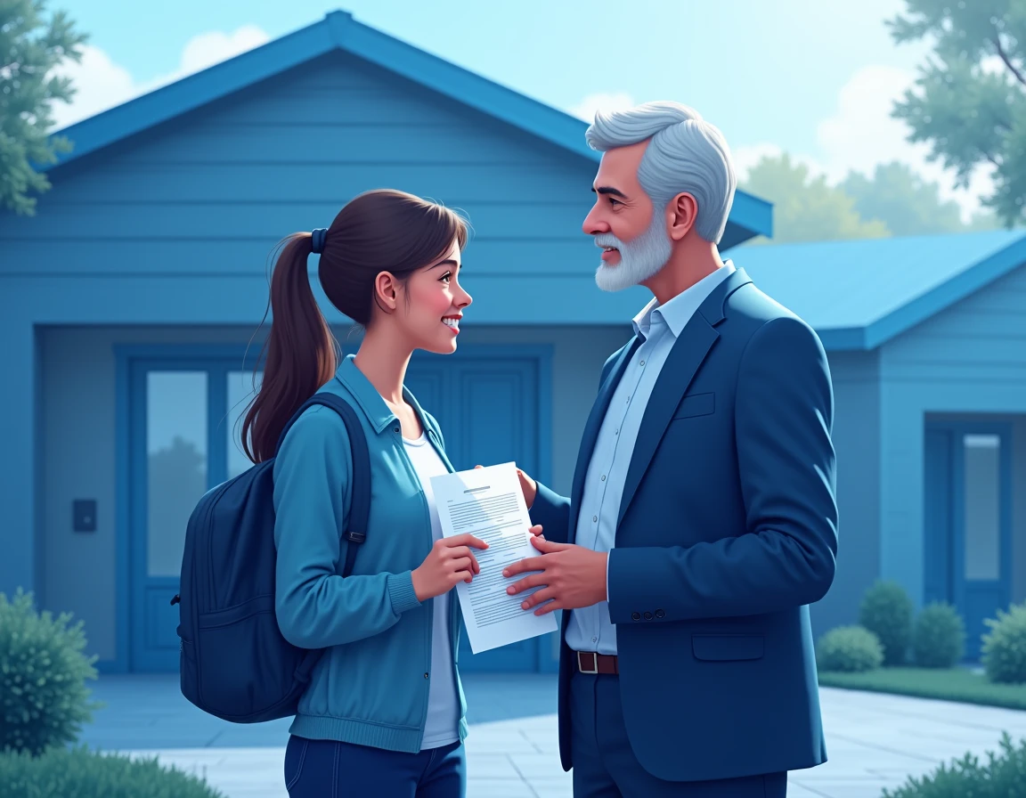18-year-old holding an approved property deed, thanking a man, in front of a residence. The image should contain the main colors in blue