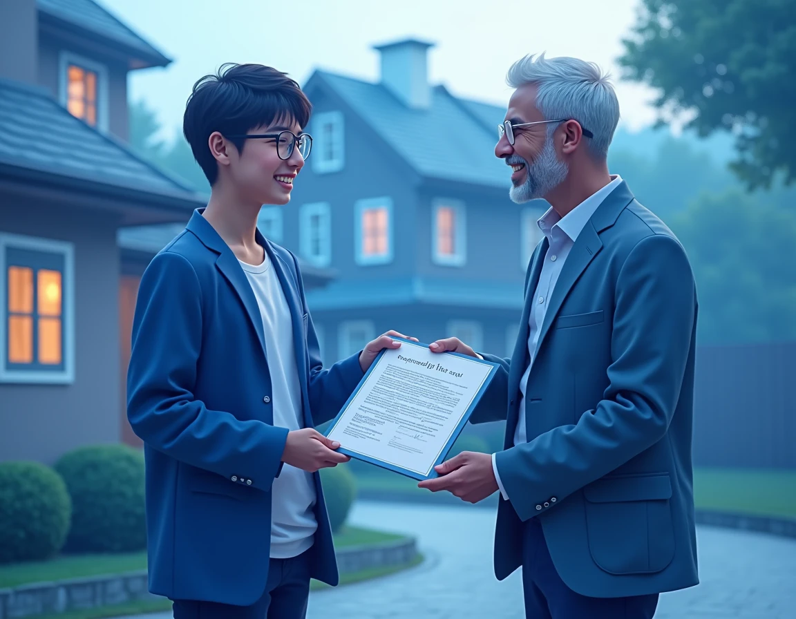 18-year-old holding an approved property deed, thanking a man, in front of a residence. The image should contain the main colors in blue