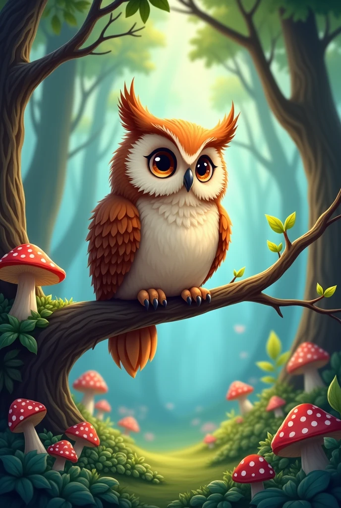 at a forest, a wise and lonely owl, cartoons 