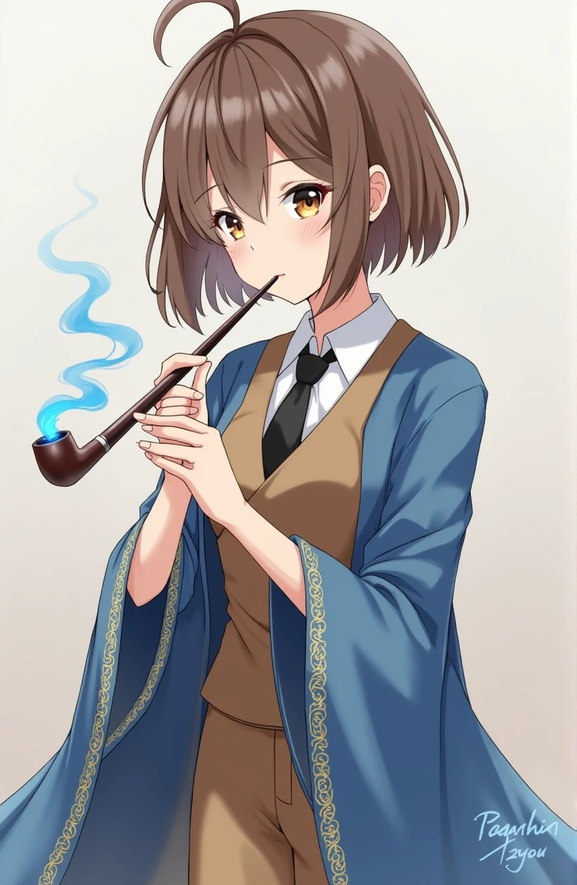 1 girl, solo, amber eyes, short brown hair, brown vest, whit shirt, black tie, blue robe with gold trim along the edge, blue smoking pipe with blue flame