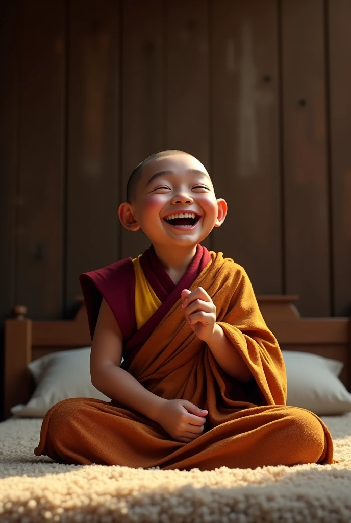 Bhutanese monk laughing while sitting on bed
