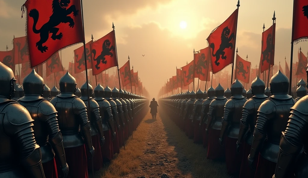 A highly realistic, high-contrast, 8K HD, detailed, hyper-detailed image of two opposing armies of knights gathered on a battlefield, viewed from above. The knights, clad in steel armor, stand united with their banners displaying a black lion emblem. The opposing army, standing opposite them, is similarly armored but without any banners. The atmosphere is tense as both sides prepare for the impending battle. The dramatic lighting highlights the armor and the contrasting forces, creating a powerful and intense scene. The image is of the highest quality, with ultra-high resolution, RAW photo quality, and Unreal Engine rendering, showcasing the grandeur and scale of this epic confrontation between the knightly armies under the banner of the black lion and their enemies.