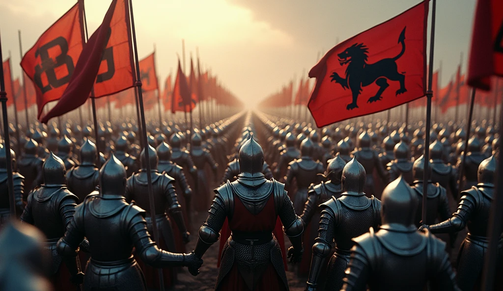 A highly realistic, high-contrast, 8K HD, detailed, hyper-detailed image of two opposing armies of knights gathered on a battlefield, viewed from above. The knights, clad in steel armor, stand united with their banners displaying a black lion emblem. The opposing army, standing opposite them, is similarly armored but without any banners. The atmosphere is tense as both sides prepare for the impending battle. The dramatic lighting highlights the armor and the contrasting forces, creating a powerful and intense scene. The image is of the highest quality, with ultra-high resolution, RAW photo quality, and Unreal Engine rendering, showcasing the grandeur and scale of this epic confrontation between the knightly armies under the banner of the black lion and their enemies.
