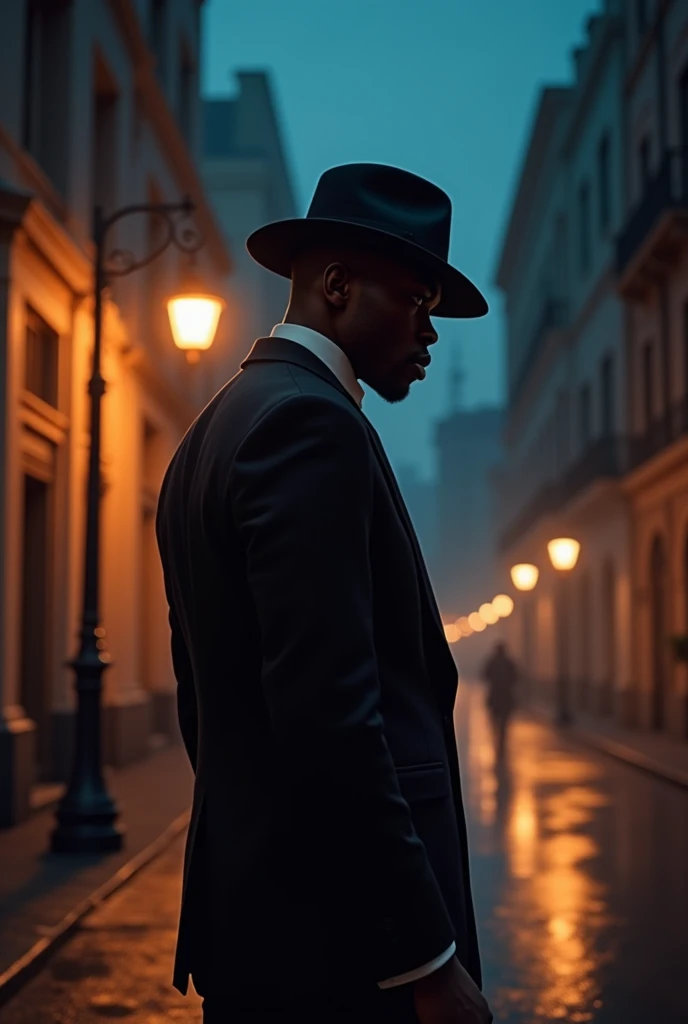 create a black guy with a hat and a black suit with red details. Do it on your back, facing a street at night