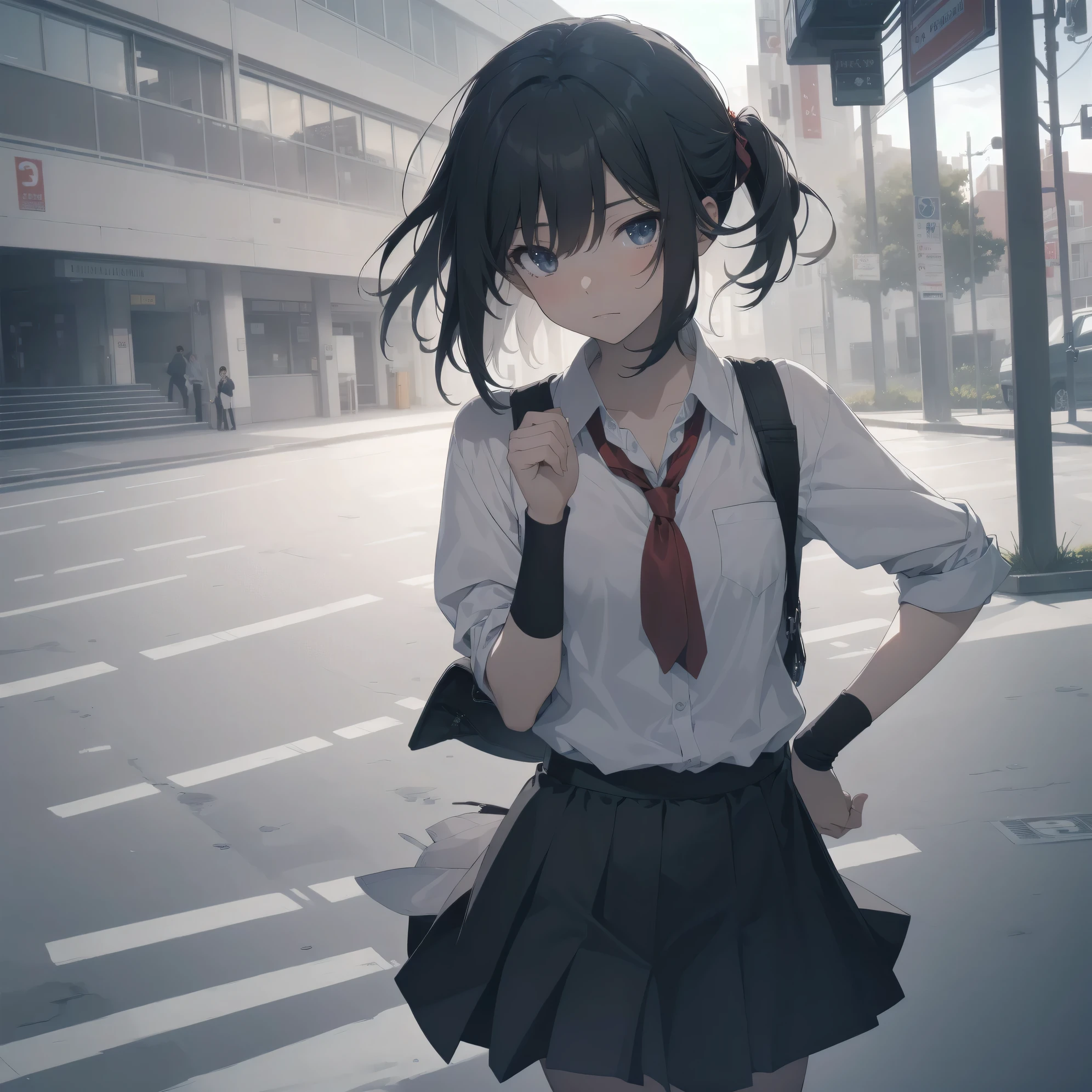 ultra-absurdres-Top quality by artist God, ultra-detailed, high resolution, anime moe artstyle, best anime 8k konachan wallpaper, pixiv contest winner, pool:2810, perfect anatomy,break, 1girl, (Please draw a girl walking sleepily to school alone. )break,(Solo,little female, 13-year-old:1.3),Full limbs, complete fingers,a junior high school student, (very short hair), short cut, flat chest, , small butt, small black eyes, beautiful detailed eyes, well-proportioned iris and pupils, expressive eyes, highres detailed hair, soft expression, salor school_uniform, sailor collar, serahuku, bow, pleated skirt,(Detailed Lighting), (Detailed background), in the School commute route. break,super detailed skin, Best cinematic lighting powered by famous artist, 8k,beauty illustration,photoshop_(medium),very aesthetic,break,((artist:izumi_tsubasu )), artist:clamp ,artist:carnelian ,artist:kantoku ,