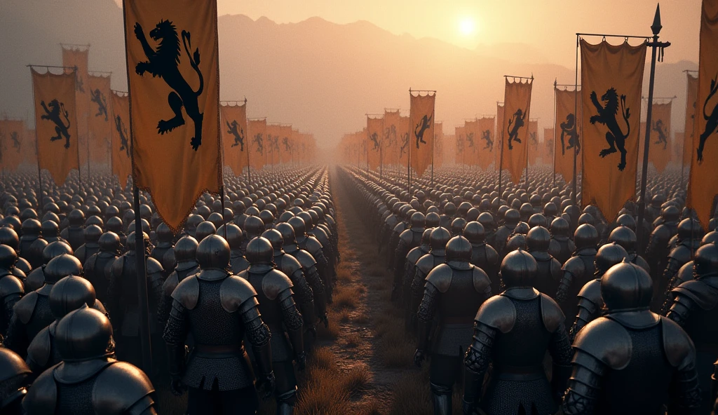 A highly realistic, high-contrast, 8K HD, detailed, hyper-detailed image of two opposing armies of knights gathered on a battlefield, viewed from above. The knights, clad in steel armor, stand united with their banners displaying a black lion emblem. The opposing army, standing opposite them, is similarly armored but without any banners. The atmosphere is tense as both sides prepare for the impending battle. The dramatic lighting highlights the armor and the contrasting forces, creating a powerful and intense scene. The image is of the highest quality, with ultra-high resolution, RAW photo quality, and Unreal Engine rendering, showcasing the grandeur and scale of this epic confrontation between the knightly armies under the banner of the black lion and their enemies.