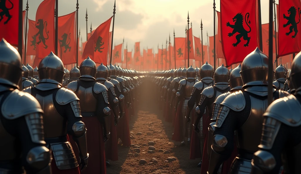 A highly realistic, high-contrast, 8K HD, detailed, hyper-detailed image of two opposing armies of knights gathered on a battlefield, viewed from above. The knights, clad in steel armor, stand united with their banners displaying a black lion emblem. The opposing army, standing opposite them, is similarly armored but without any banners. The atmosphere is tense as both sides prepare for the impending battle. The dramatic lighting highlights the armor and the contrasting forces, creating a powerful and intense scene. The image is of the highest quality, with ultra-high resolution, RAW photo quality, and Unreal Engine rendering, showcasing the grandeur and scale of this epic confrontation between the knightly armies under the banner of the black lion and their enemies.