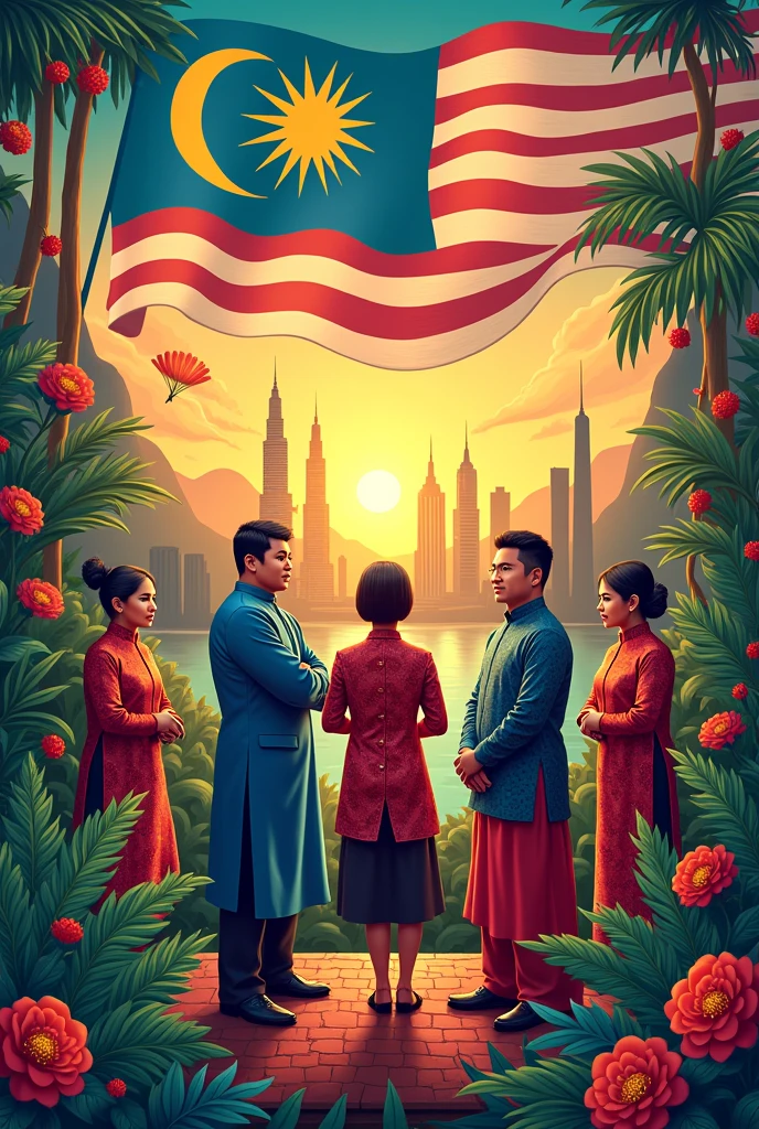 For Malaysia Independence Day, the poster showcases the Jalur Gemilang waving proudly in the background, symbolizing the nation's spirit and unity. Prominent figures like Tunku Abdul Rahman stand alongside iconic landmarks, while a diverse group of people in traditional attire celebrates the country's rich cultural heritage. Traditional motifs such as batik patterns and the Hibiscus flower weave through the design, highlighting Malaysia's unique identity. The vibrant colors of the national flag tie the elements together, creating a powerful tribute to Malaysia's journey to independence.