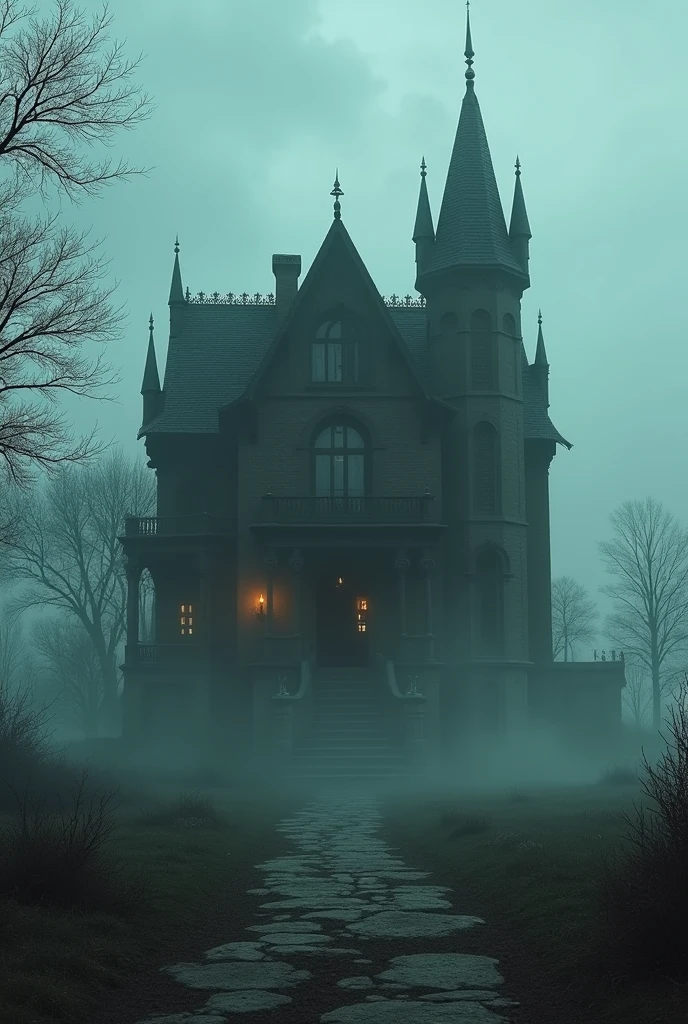 A gloomy mansion, in the open space, resembling the Addams family mansion, surrounded by fog