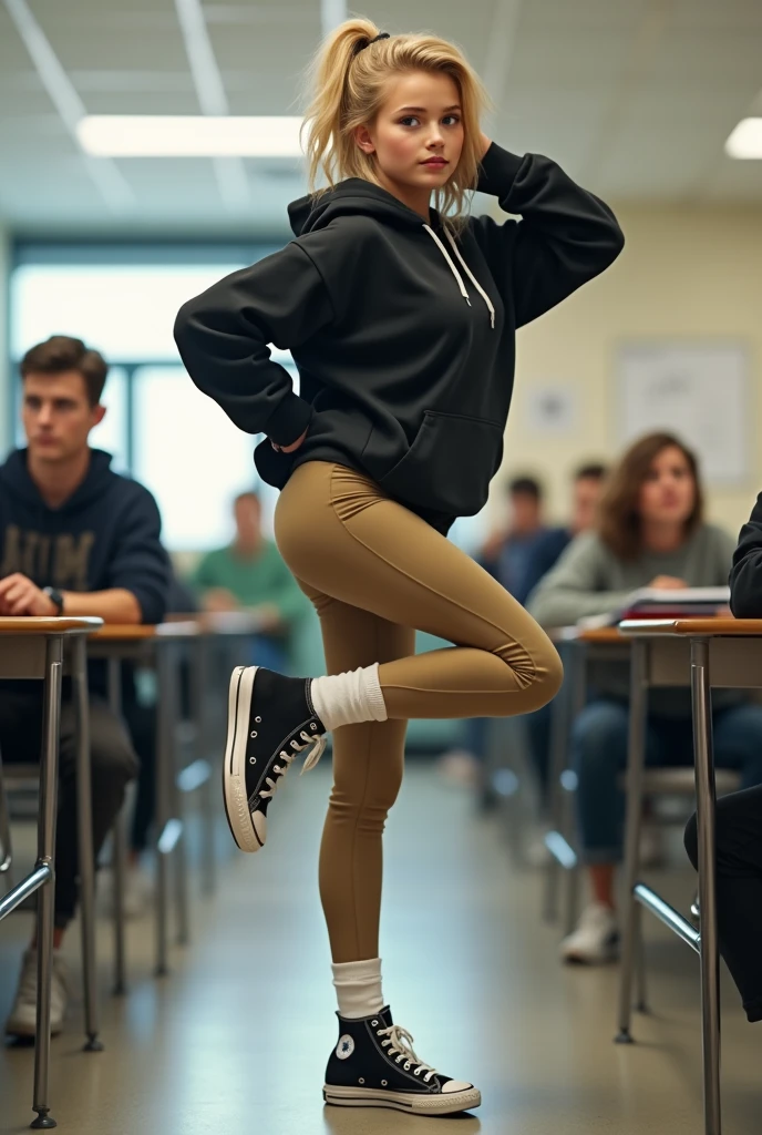 High school white girl, blonde hair, blue eyes, tight khaki pants, black high top converse shoes, black hoodie, white socks, one leg kicking in the air towards the camera, classroom background, full body, backside, butt.