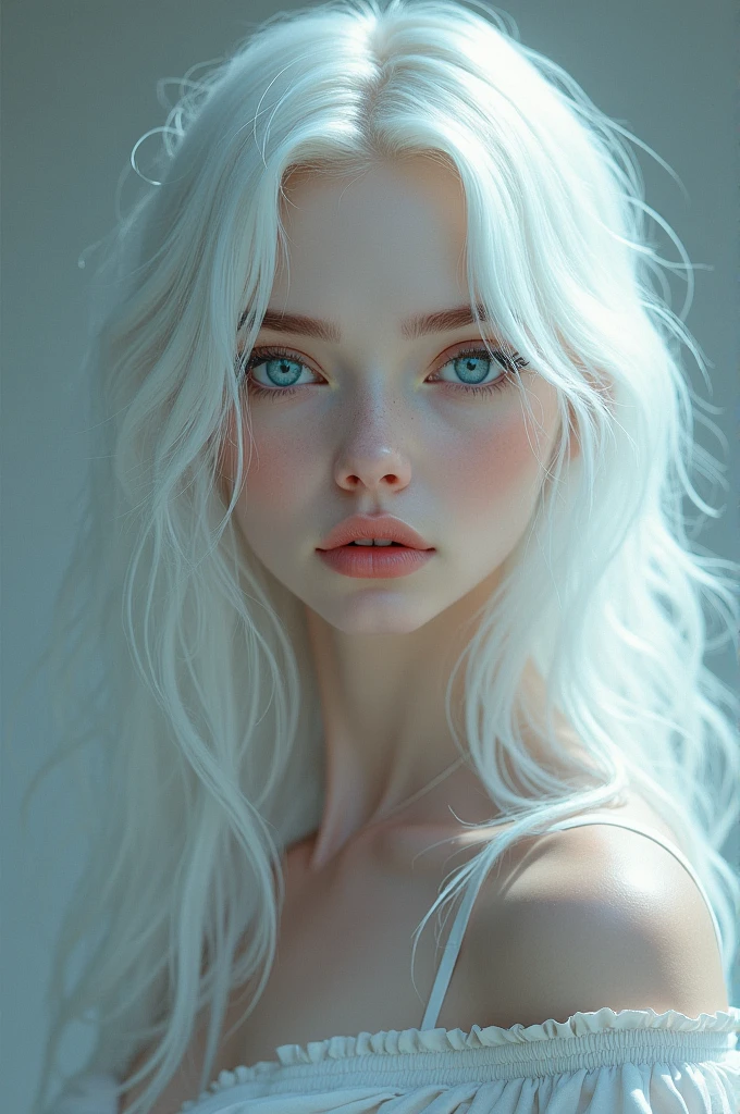 A woman with white hair, blue colored eyes, Caucasian skin