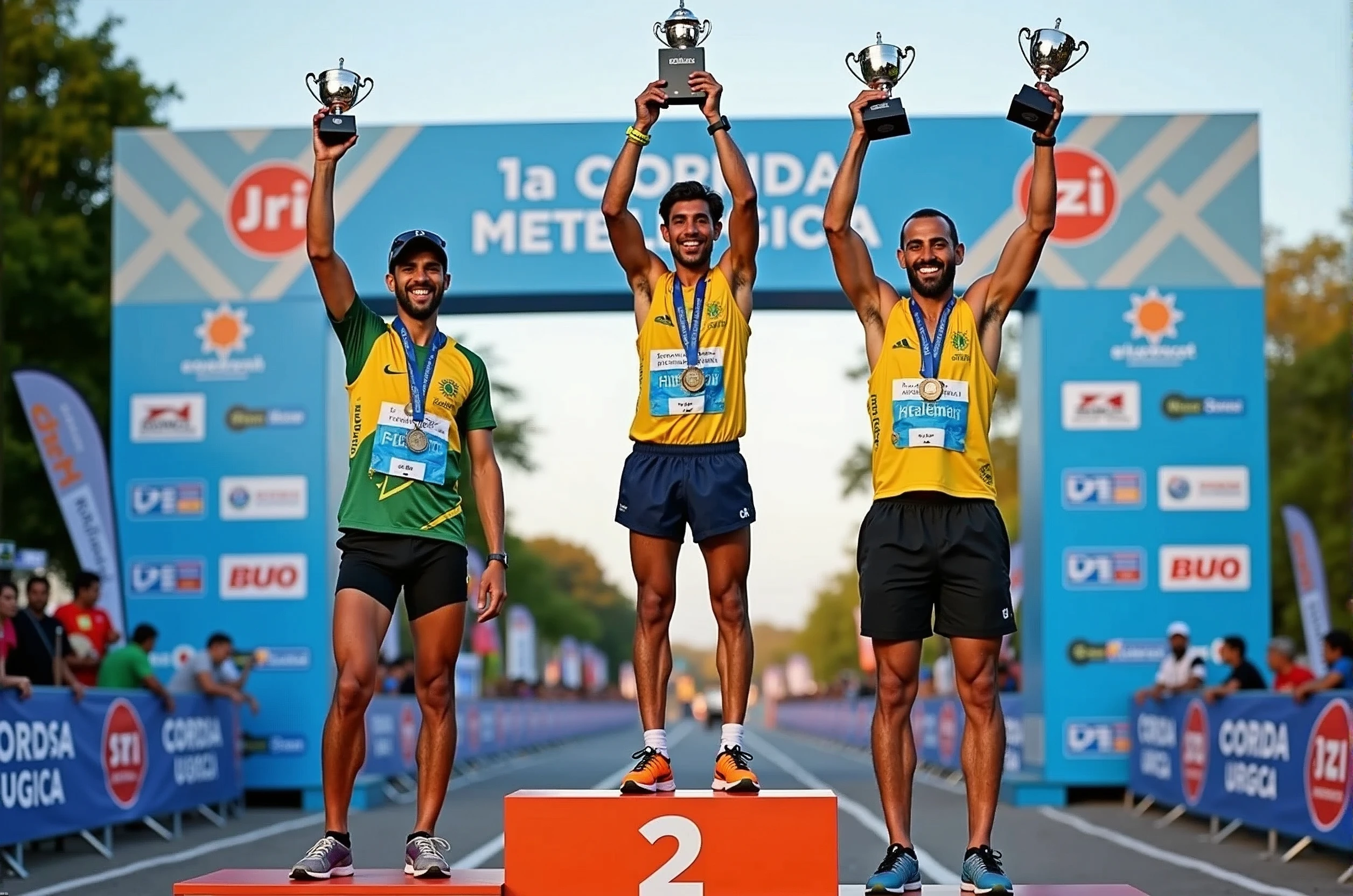 A high-quality photo of three Brazilian athletes standing on a podium during a marathon award ceremony in the daytime. The athletes are wearing colorful athletic gear and medals around their necks, proudly holding trophies above their heads with expressions of joy and accomplishment. The podium is marked with the numbers 1, 2, and 3, indicating their respective positions. The background features a large banner with the text "1ª Corrida Metelurgica" prominently displayed, along with the event’s sponsors. The scene is lively, with spectators and event staff visible, and the overall atmosphere is celebratory and triumphant.