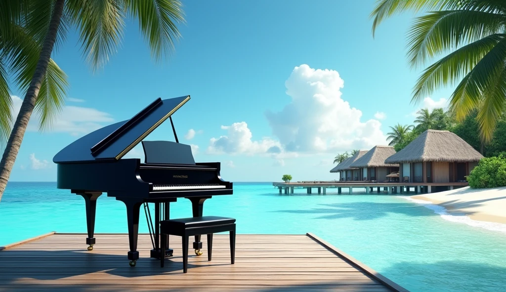 A black grand piano in natural light、Shows a wooden pier leading to thatched roof overwater bungalows。The sky is clear and there are few clouds、The sea is a vibrant turquoise color。This setting is、Interesting for its quiet and picturesque quality、Tropical resort、White sand beach can be seen。White clouds in the sky、white waves、