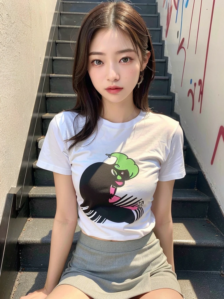 (masterpiece:1.3), (8k, Realistic, RAW Photos, Best image quality: 1.4), (Random Hairstyles:1.2)、(Highly detailed face)、Attention to detail、double eyelid、(Dark Eyes),(Sharp focus:1.2)、((whole body:1.5)),One Woman、Beautiful woman:1. 4,20-year-old woman、smile,Woman with a perfect body,Beautiful Abs,Chest-length hair、Highest quality、masterpiece、Ultra-high resolution、(Realistic:1.4)、super high quality、Symmetrical face、The face is very realistic、Photo level、8k最高画質はフル、Sebaceous reflex、The face is very realistic、Extremely realistic skin、Realistic light and shadow effects、(Pure and elegant),Professional Lighting、((Swayback stance)),(((Beautiful thighs))),(Sexy pose,Seductive pose),Recurve your hips back,Bend your waist,((dance,dance,Dancing)),((Sit on the stairs)),(((Graffiti Art T-shirt,Skirt too short))),(Panties are slightly visible),((パンティーが見えるSkirt too short)),