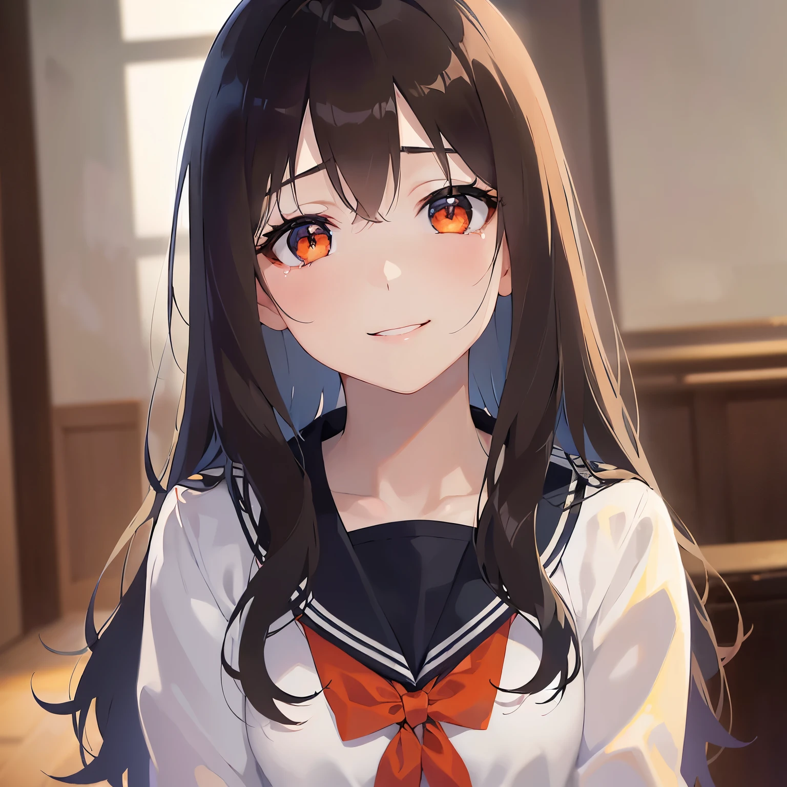 (looking at viewer:1.5)Upper Body, head tilt, Realistic, real person, (pale skin: 1.2), RAW photo, photorealistic, shiny skin, shiny hair、 (A 25-year-old woman with medium-length hair and bangs) and (wavy hair) and (brown hair) and (orange eyes), sailor suit, dark blue collar,red ribbon, (tearful:1.4),(smile:1.2),The background is the living room、(alone:1.5