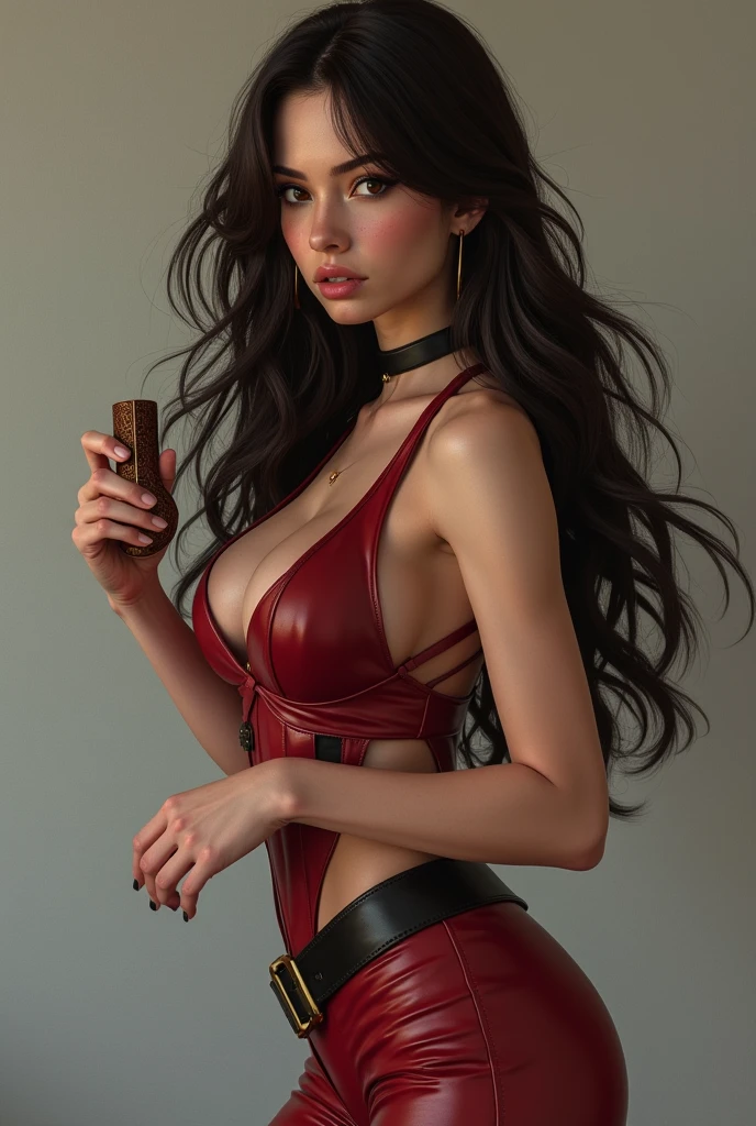 (photorealism:1.2) Beautiful brunette, cosplaying robin from one piece, with leather gadget for bdsm, 