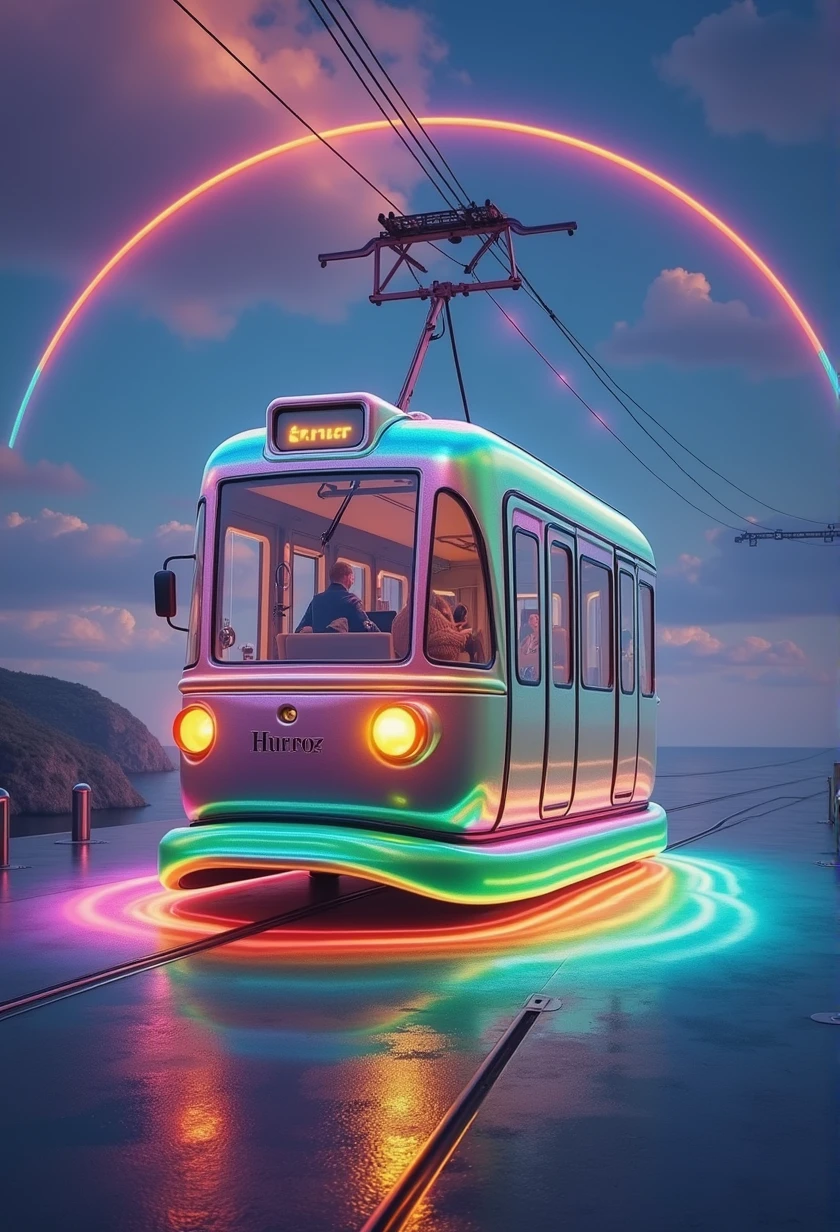 Rainbow colored linear motor car、Linear motor car running on rainbow-colored tracks，colorful，Beautiful views，wonderful景色，Utopia，An atmosphere full of dreams and hope，masterpiece． 16K, Ultra-high resolution, Ultra-high resolution, to be born,wonderful ,future、Iridescent、The world 30 years from now。