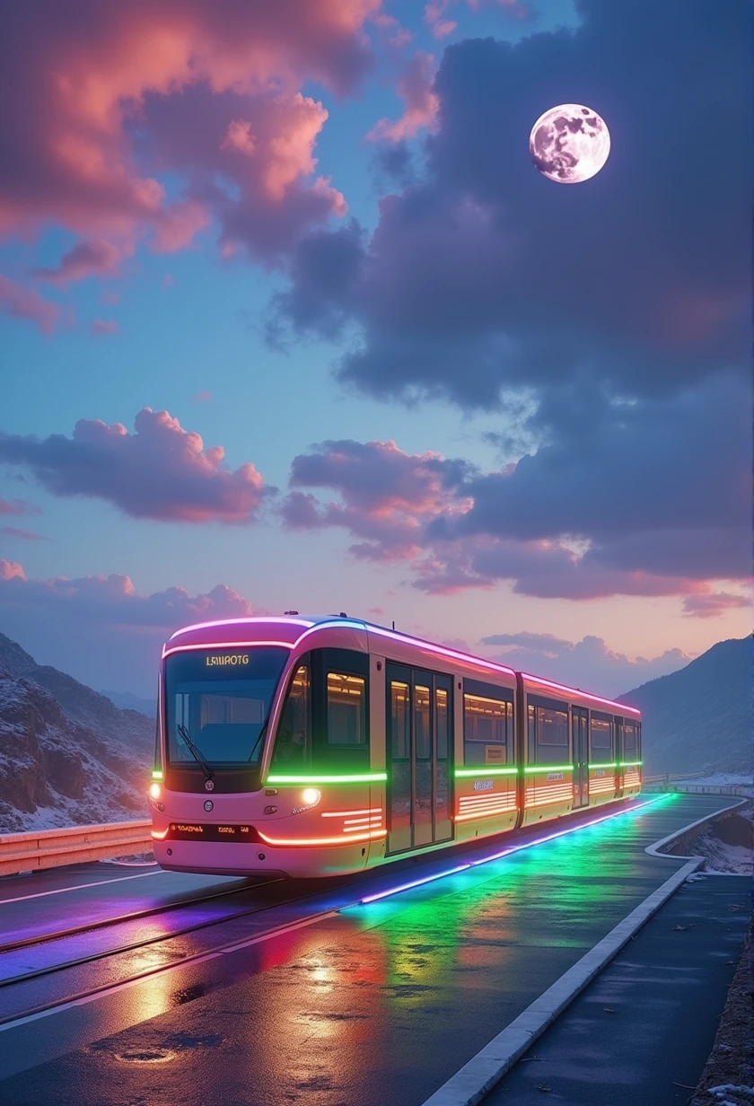 Rainbow colored linear motor car、Linear motor car running on rainbow-colored tracks,colorful,Beautiful views,wonderful景色,Utopia,An atmosphere full of dreams and hope,masterpiece. 16K, Ultra-high resolution, Ultra-high resolution, to be born,wonderful ,future、Iridescent、The world 30 years from now。