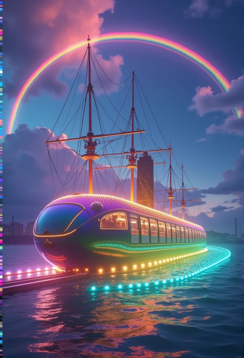 Rainbow colored linear motor car、Linear motor car running on rainbow-colored tracks,colorful,Beautiful views,wonderful景色,Utopia,An atmosphere full of dreams and hope,masterpiece. 16K, Ultra-high resolution, Ultra-high resolution, to be born,wonderful ,future、Iridescent、The world 30 years from now。