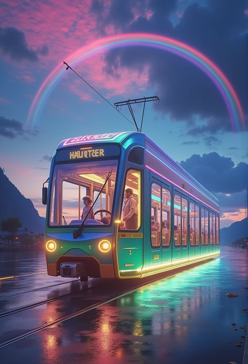 Rainbow colored linear motor car、Linear motor car running on rainbow-colored tracks,colorful,Beautiful views,wonderful景色,Utopia,An atmosphere full of dreams and hope,masterpiece. 16K, Ultra-high resolution, Ultra-high resolution, to be born,wonderful ,future、Iridescent、The world 30 years from now。