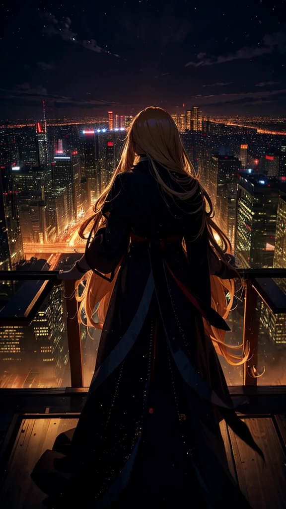 1people々々々,Blonde long-haired woman,Long coat, Dress Silhouette, Rear View, Anime Style, City night view from the rooftop,Countless missiles covering the sky,