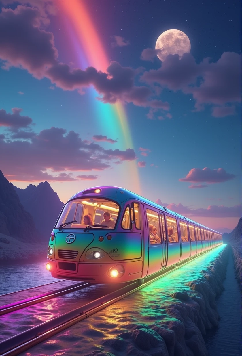 Rainbow colored linear motor car、Linear motor car running on rainbow-colored tracks,colorful,Beautiful views,wonderful景色,Utopia,An atmosphere full of dreams and hope,masterpiece. 16K, Ultra-high resolution, Ultra-high resolution, to be born,wonderful ,future、Iridescent、The world 30 years from now。