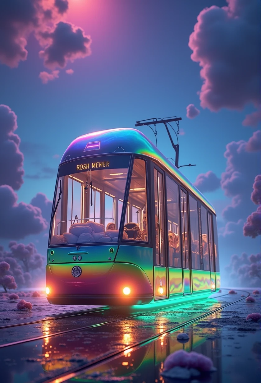 Rainbow colored linear motor car、Linear motor car running on rainbow-colored tracks,colorful,Beautiful views,wonderful景色,Utopia,An atmosphere full of dreams and hope,masterpiece. 16K, Ultra-high resolution, Ultra-high resolution, to be born,wonderful ,future、Iridescent、The world 30 years from now。
