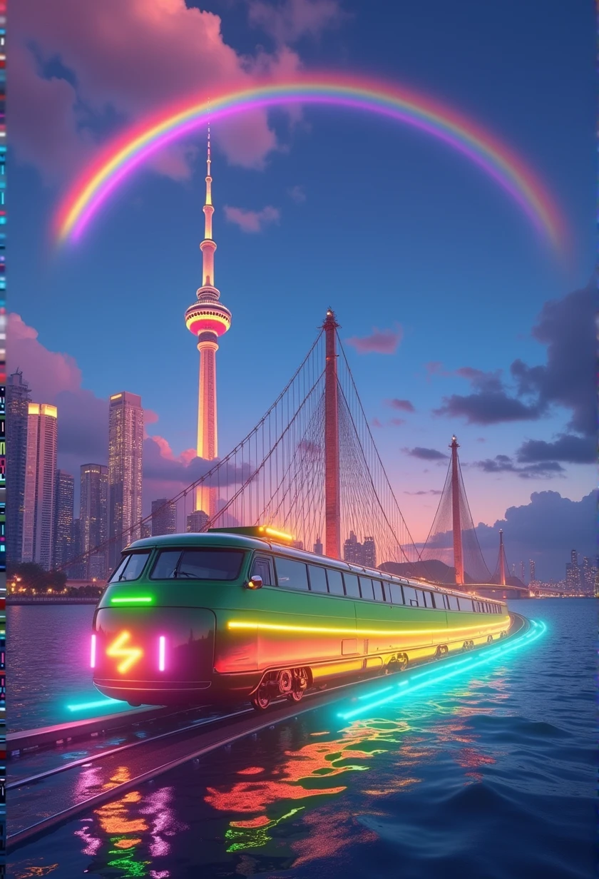 Rainbow colored linear motor car、Linear motor car running on rainbow-colored tracks，colorful，Beautiful views，wonderful景色，Utopia，An atmosphere full of dreams and hope，masterpiece． 16K, Ultra-high resolution, Ultra-high resolution, to be born,wonderful ,future、Iridescent、The world 30 years from now。