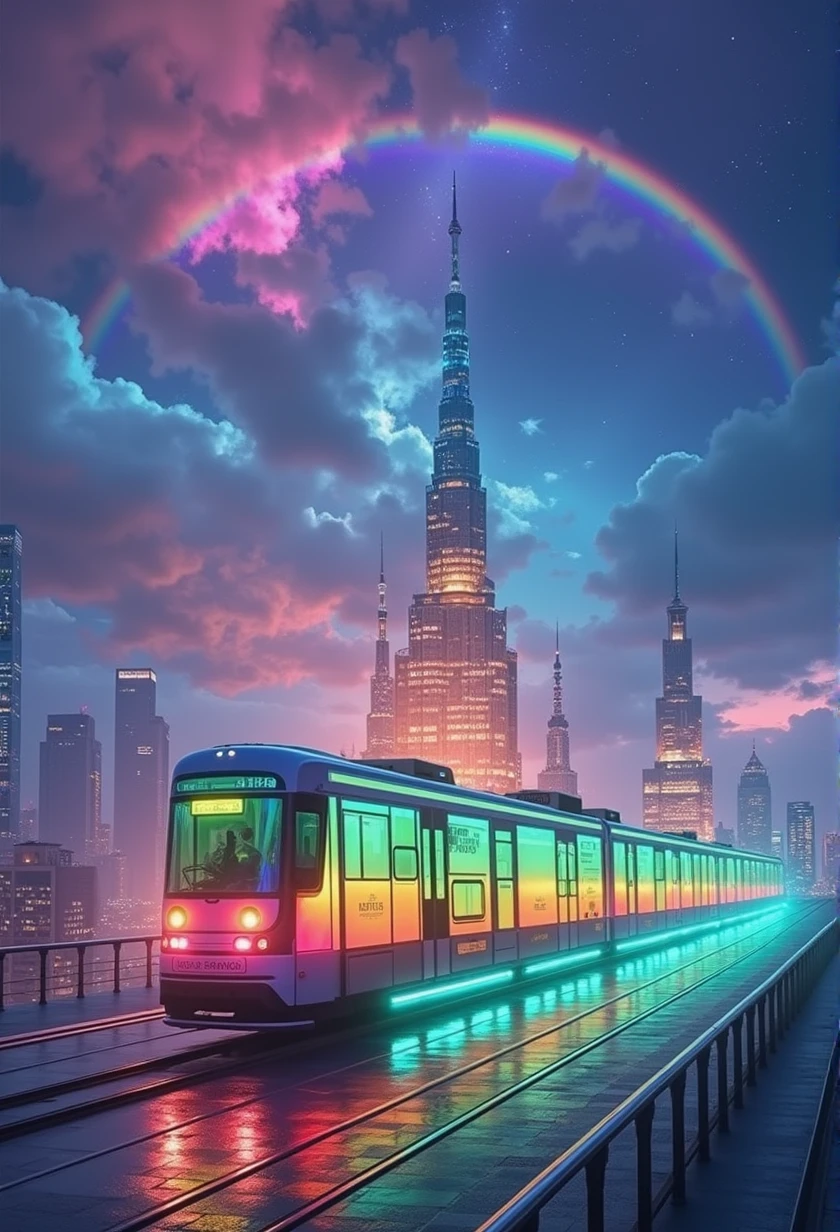 Rainbow colored linear motor car、Linear motor car running on rainbow-colored tracks,colorful,Beautiful views,wonderful景色,Utopia,An atmosphere full of dreams and hope,masterpiece. 16K, Ultra-high resolution, Ultra-high resolution, to be born,wonderful ,future、Iridescent、The world 30 years from now。