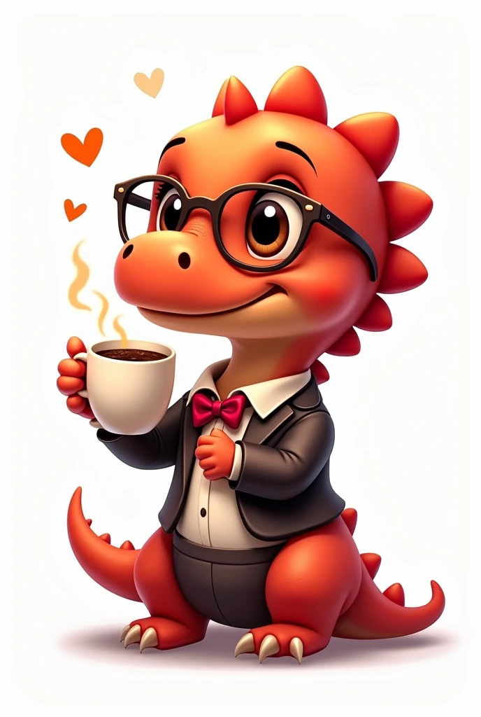 Red animated  dinosaur, tender, happy with formal clothes, With glasses, drinking coffee, on a white background 