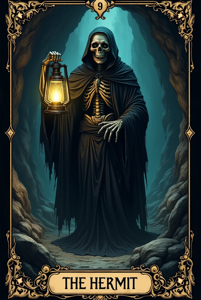 Crias playing card de tarot, skullish, dark, souls, playing card, Number 9, THE HERMIT, skullish,cavern