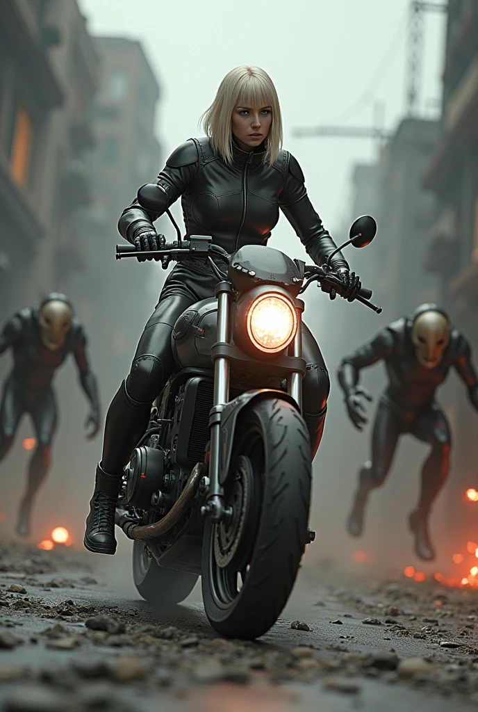 (masterpiece, Highest quality, shape, Subtle details, 8k:1.2),(Highly detailed CG Unity 8k wallpaper), (Highest quality), (Best illustrations), (((A slender adult woman wearing a futuristic full-body pilot suit:1.2))),(((Height3An adult woman wearing a meter-tall Skeletonics:1.2))),(((Skeletonics is riding a flying motorcycle:1.2))),(((Skeletonics is holding the left handlebar of the flying motorcycle with her left hand:1.2))),(((Skeletonics is swinging a large battle axe with a large axe in her right hand:1.2))),A dynamic 3D digital image of a slender blonde adult woman in her 30s with a sleek bob hairstyle, wearing a futuristic full-body pilot suit. She is piloting a 3-meter-tall exoskeleton (Skeltonics) while riding a futuristic flying bike, gripping the bike's controls with her left hand. The scene is set in a post-apocalyptic city, with the bike flying just above the ground near crumbling buildings. The Skeltonics' right hand is wielding a large battle axe, its blade glowing with red flashes, mid-swing as it slices through a grotesque alien creature, cutting it clean in half. The atmosphere around the exoskeleton is filled with numerous other bizarre and menacing creatures, all lunging toward the Skeltonics. The entire scene is filled with speed, action, and intensity, with debris and motion blur conveying the fast-paced chase and battle. The lighting and shadows enhance the chaotic, high-stakes battle in the ruined cityscape.,A highly detailed 3D digital image featuring a slender blonde woman in her 30s with a sharp bob haircut, wearing a futuristic, full-body pilot suit. She is seated in a 3-meter-tall exoskeleton known as Skeltonics, piloting a flying motorbike just above the cracked, debris-laden ground of a ruined, post-apocalyptic city. With her left hand, she controls the bike, while her right hand, encased in the exoskeleton, raises a massive battle axe glowing with red light. The axe is caught mid-swing, slicing a monstrous alien creature in half, with vibrant sparks and red flashes emanating from the blade. Surrounding the Skeltonics and bike, many grotesque and twisted alien creatures leap and attack, their sharp claws and distorted limbs aiming at the woman and her machine. The scene is packed wi