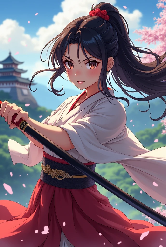 Sengoku period anime girl naginata long hair
