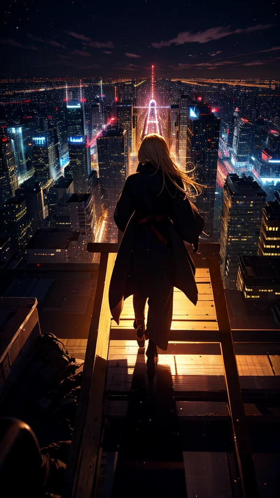 １people々々々,Blonde long-haired woman，Long coat， Dress Silhouette， Rear View， Anime Style, City night view from the rooftop，Countless missiles covering the sky，