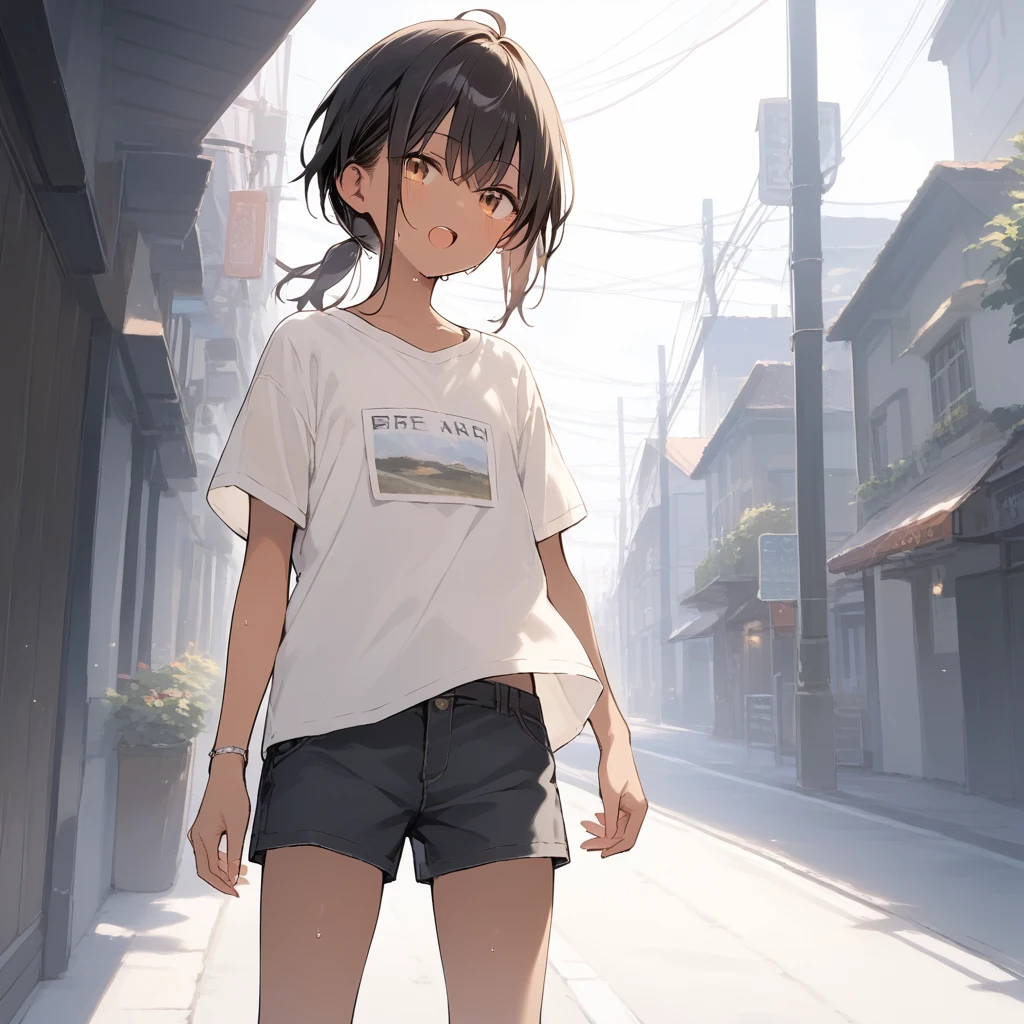 score_9, score_8_up, score_7_up, source_anime, best quality, masterpiece, official art, absurdres, highres, ultra-detailed,waifu2x,Collection: Slice of Life,break,1girl, tomboy, dark-skinned female, short hair, low ponytail, flat chest, groin, beautiful detailed eyes, shorts, sweat, open mouth, (yawn:0.3), sleepily, outdoors, wind,break,(clear line illustration:1.2), super detailed skin,very high resolution, very aesthetic, Best sexual lighting powered by famous artist, 8k, 16k, cute picture,beauty illustration,photoshop_(medium),,(Detailed Lighting),best anime 8k konachan wallpaper, pixiv contest winner,