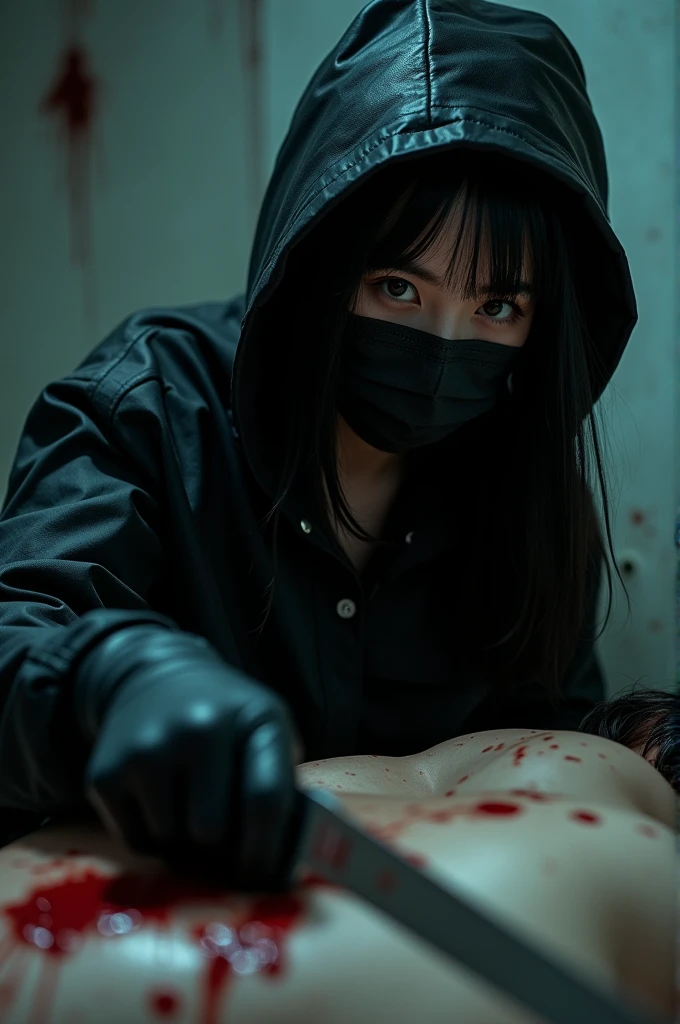 korean girl, (behind corpse, holding knife), black surgical mask, black gloves, room full of blood, black raincoat, bucket hat, holding knife, black gloves, woman on top, looking at viewer, behind corpse, blood splatter, on the bed, night, mass murderer, killer, long bangs, blood splatter, dark atmosphere, cinematic lighting, atmospheric realistic, close-up,
