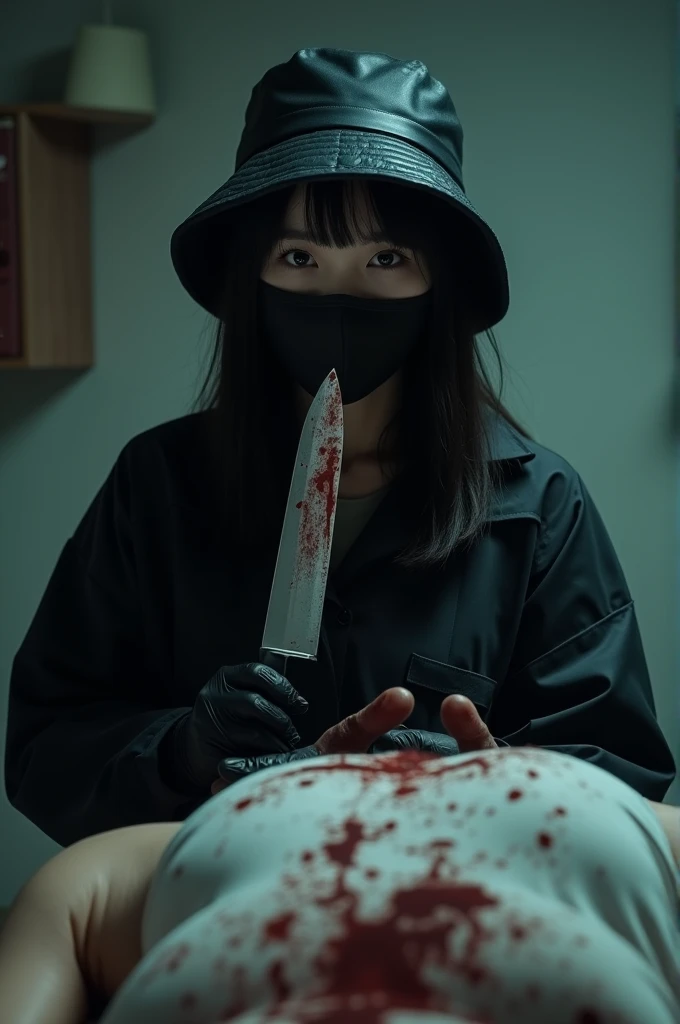 korean girl, (behind corpse, holding knife), black surgical mask, black gloves, room full of blood, black raincoat, bucket hat, holding knife, black gloves, woman on top, looking at viewer, behind corpse, blood splatter, on the bed, night, mass murderer, killer, long bangs, blood splatter, dark atmosphere, cinematic lighting, atmospheric realistic, close-up, take a photo with her smartphone