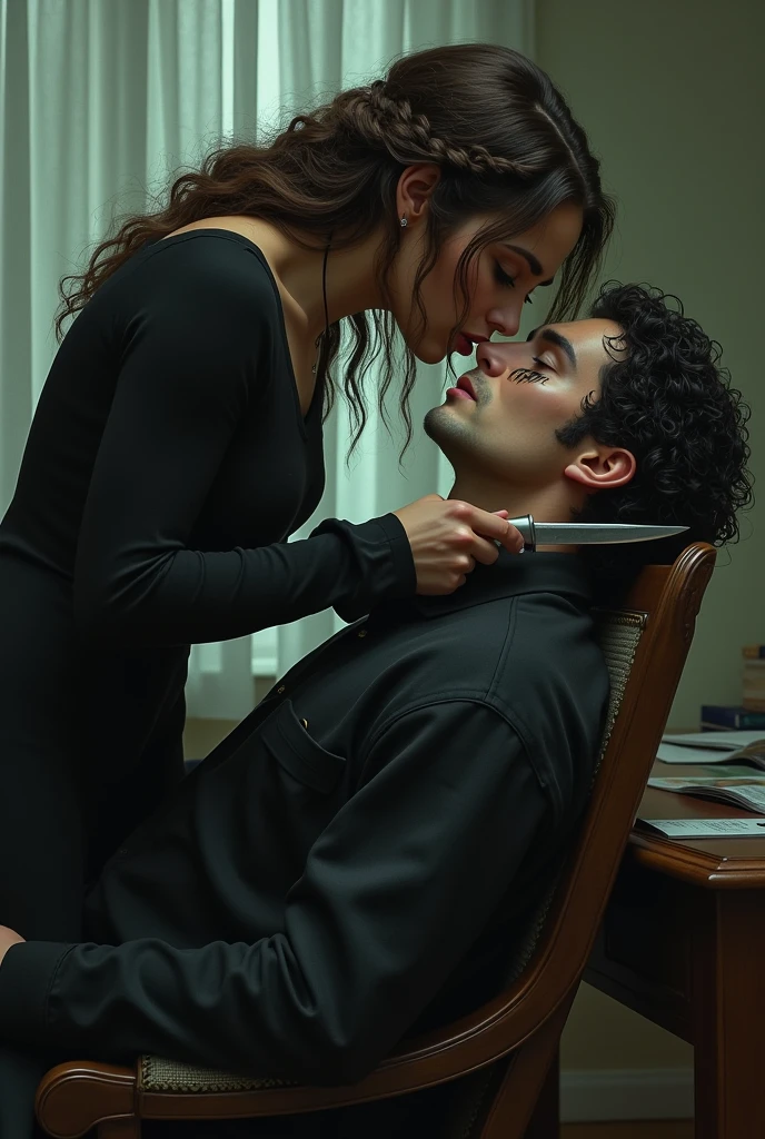 Create a man that has curly, iridescent midnight hair and sharp cheekbones. He has long, black eyelashes and soft lips. His eyes are black with a golden ring around the pupils. He wears kohl under his eyes. He has very pale skin. Make him sit down on a chair, in front of a desk. Add a oman standing above him with a knife to his throat. While she holds the a knife to so close to his throat they are kissing. The woman has a slim figure and soft features, such as her heart-shaped face. Make her pale and her eyes the exact color of walnuts. Her hair needs to be brown, the color of a willow tree. The hairstyle she is with are braided horns. She has have fuller breasts and larger hips. The most important thing is that she holds a knife to his throat. the point is that she's supposed to threaten him but instead she kisses him.