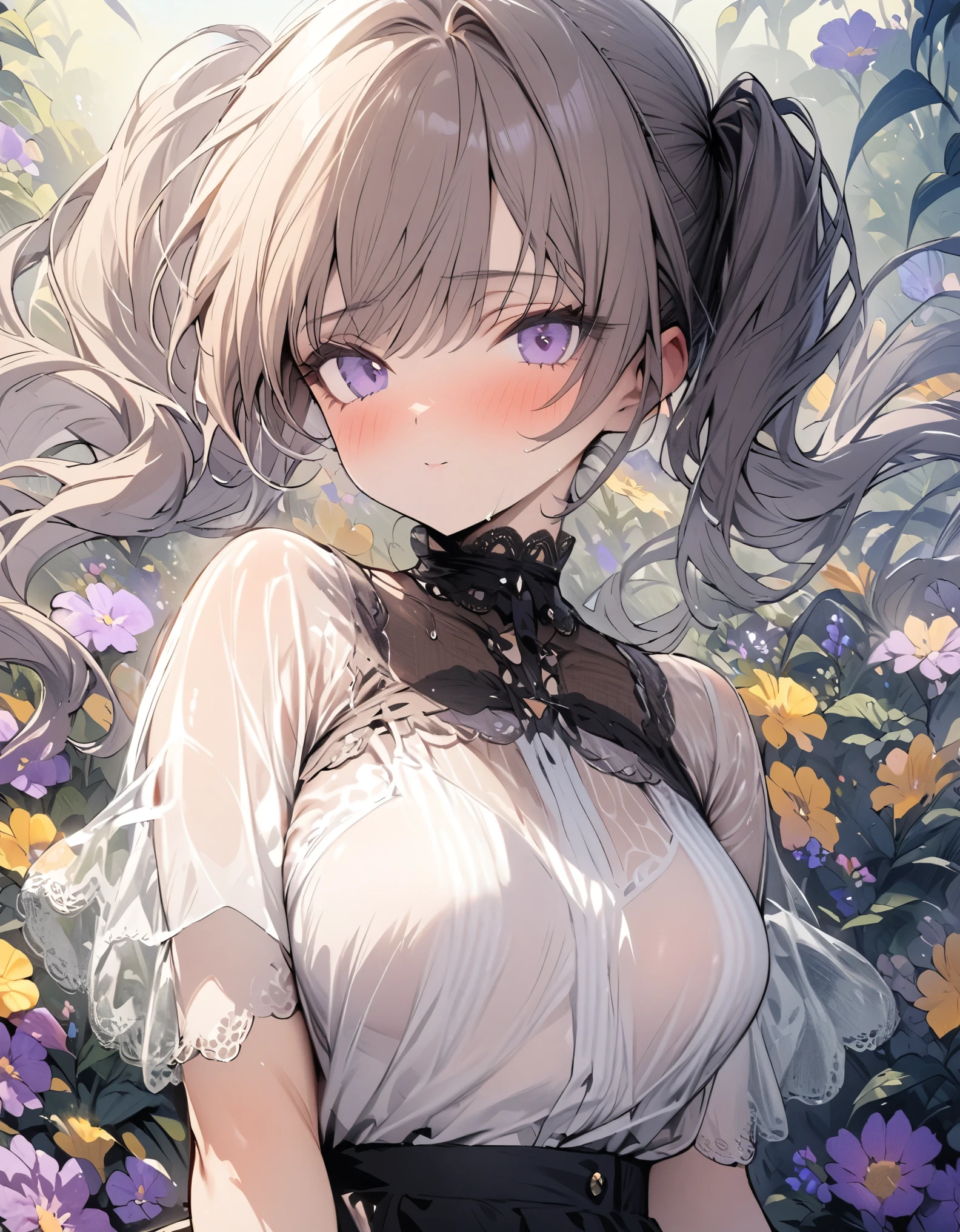 (masterpiece, best quality, high resolution), (detailed skin, detailed face),1girl, twin tails, Tucked Flared Lace see-through Blouse, in summer flower garden