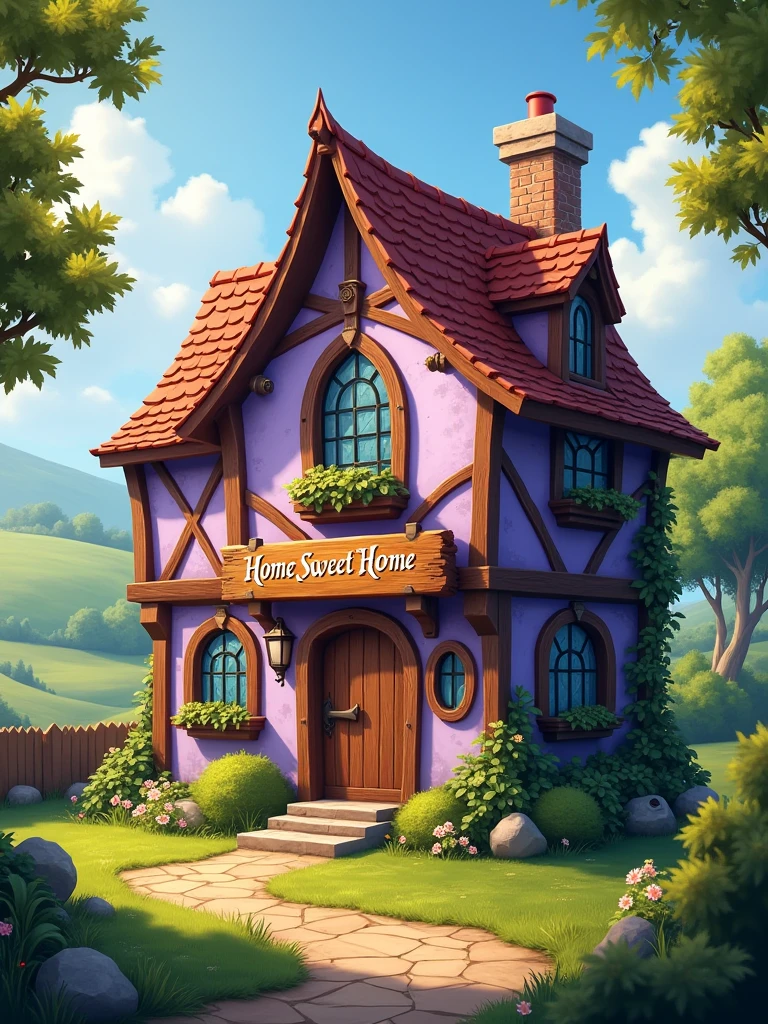 Logo. At the center of the image, there is a lilac and brown house with a sign that says "Home Sweet Home." The image features well-detailed elements with a medieval touch. Wordmark. Label.