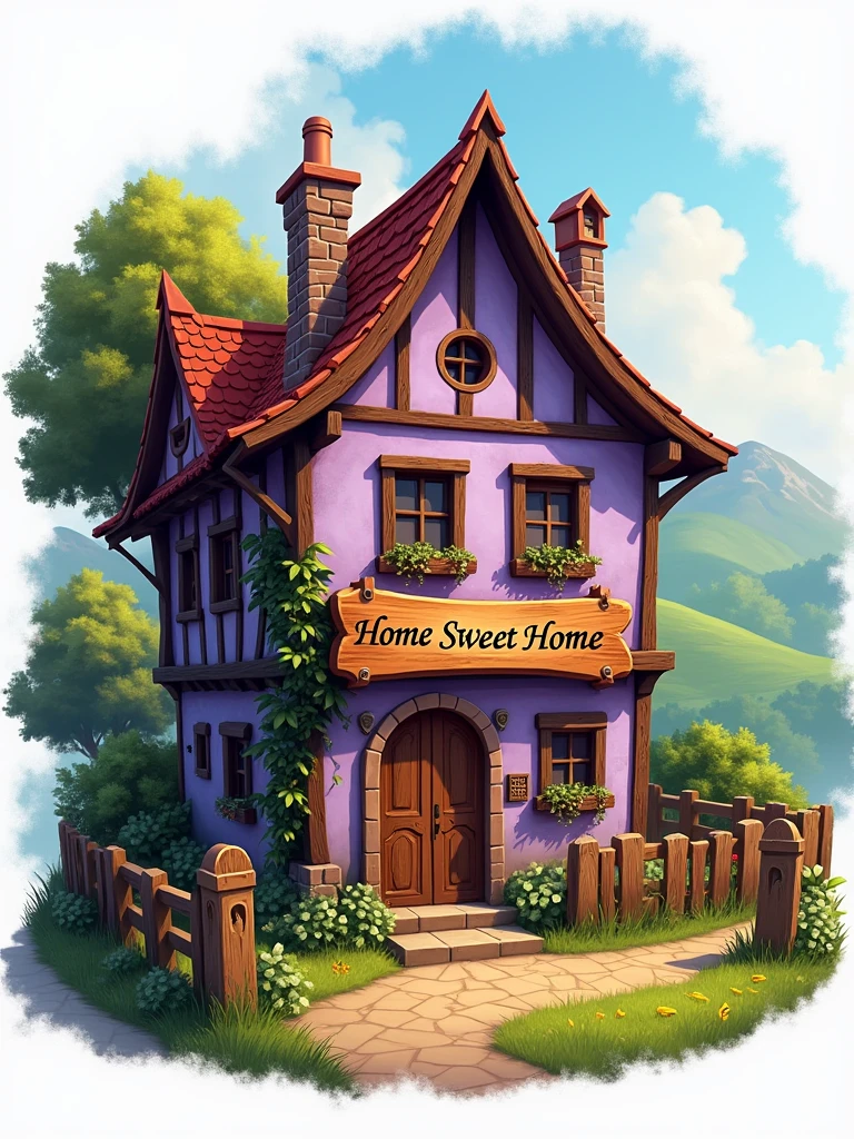 Logo. At the center of the image, there is a lilac and brown house with a sign that says "Home Sweet Home." The image features well-detailed elements with a medieval touch. Wordmark. Label.