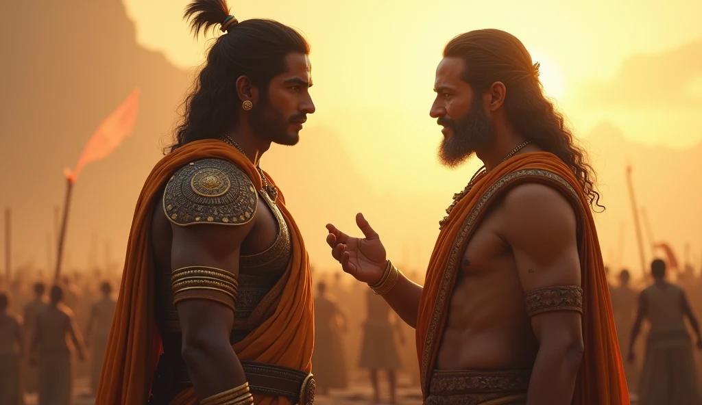 Arjuna Gaining Clarity: Show Arjuna slowly regaining his composure and clarity as he listens to Krishna’s teachings.