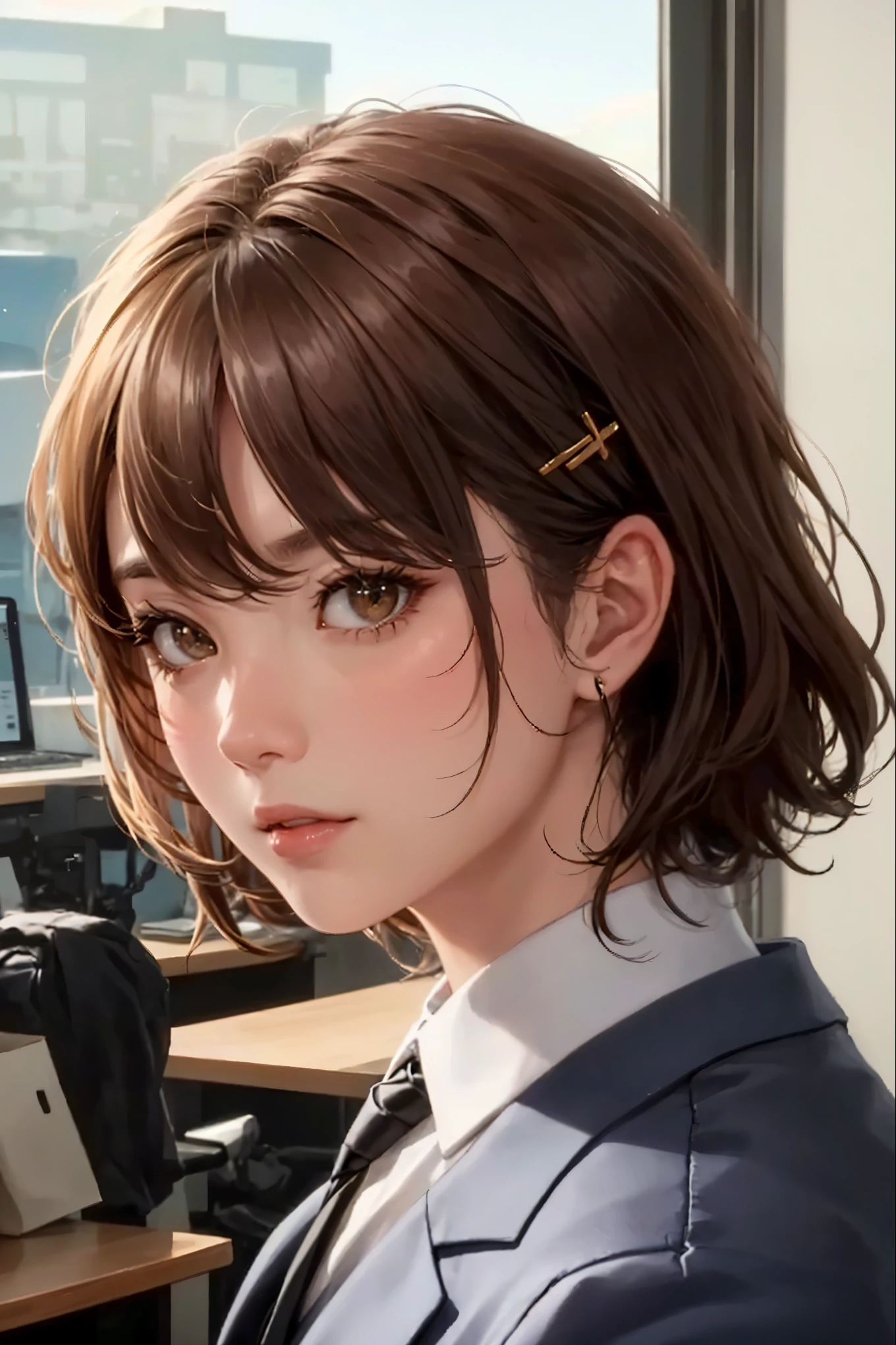 masterpiece, Highest quality, Very detailed, figure, Spectacular lighting, Structure of the film, Isoscale, One person, (alone:1.5), cute, Brown eyes, Black Hair, Swept-apart bangs, Single Side Lock, Red Hair Clip, White collared shirt, Black tie, Black trousers, formal, Captivating Gaze, Seductive pose, indoors, office, door, opening door, View your viewers, show one&#39;s upper body, blush, Captivating smile, Mouth closed,(8k:1.1), (Ahegao:1.5)