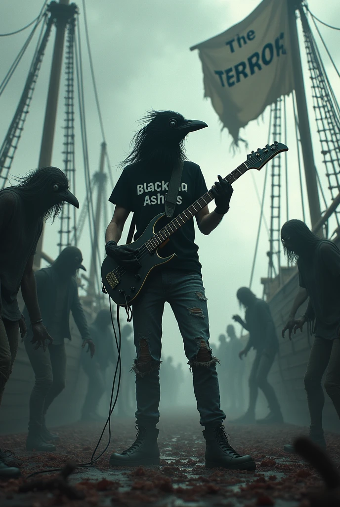 Crow with black glasses,dressed in ripped jeans and a black t-shirt that says "Blackbird Ashes". Playing electric guitar on a ghost ship with zombies. And hanging from the boat,a flag that says "The Terror"