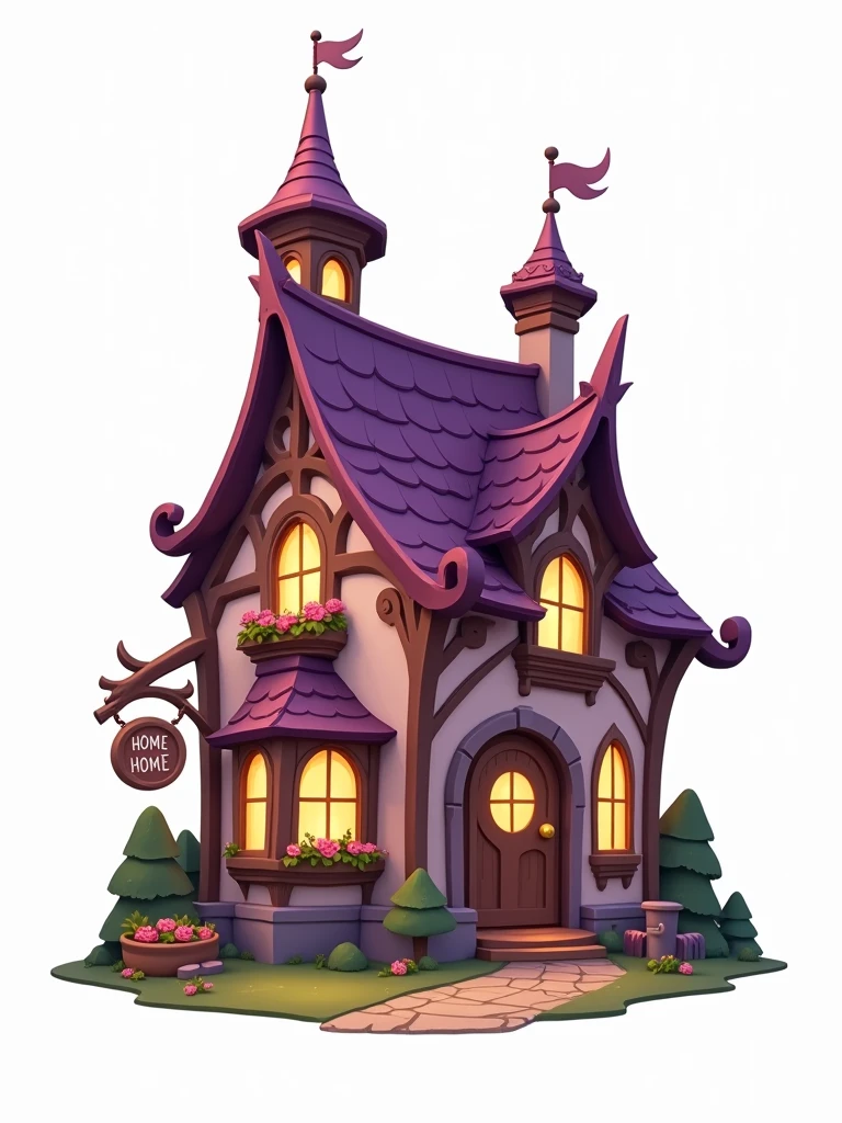 Create a logo with a medieval style. In the center of the image, place a house that is lilac and brown with a sign that says 'Home Sweet Home'. The house should be very detailed and well-drawn. Use a plain white background, with no additional details other than the house itself. Ensure the house is perfectly cut out."
