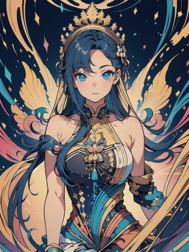 (masterpiece, Highest quality, Highest quality, Official Art, beautifully、aesthetic:1.2), (One person:1.3), Very detailed,(Fractal Art:1.2),colorful,Most detailed,(Tangled:1.2), (Dynamic pose), (Abstract background:1.5), (Traditional Costume:1.2), (Glowing Skin), (Many colors:1.4), Upper Body
