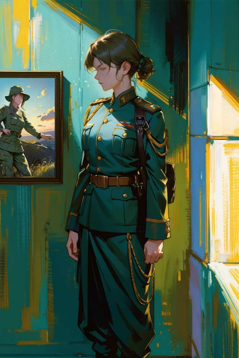 detailed full body portrait,(A female soldier with a determined expression)、(Inspired by David Hettinger) A realistic painting was created, transformation, Figurative art, Detailed Description, Realistically, Artwork, Contour, Colorful Noise, Visual clutter,Modern aesthetics、Imperial Japan Army、Continental Grasslands、Wearing military uniform、1939