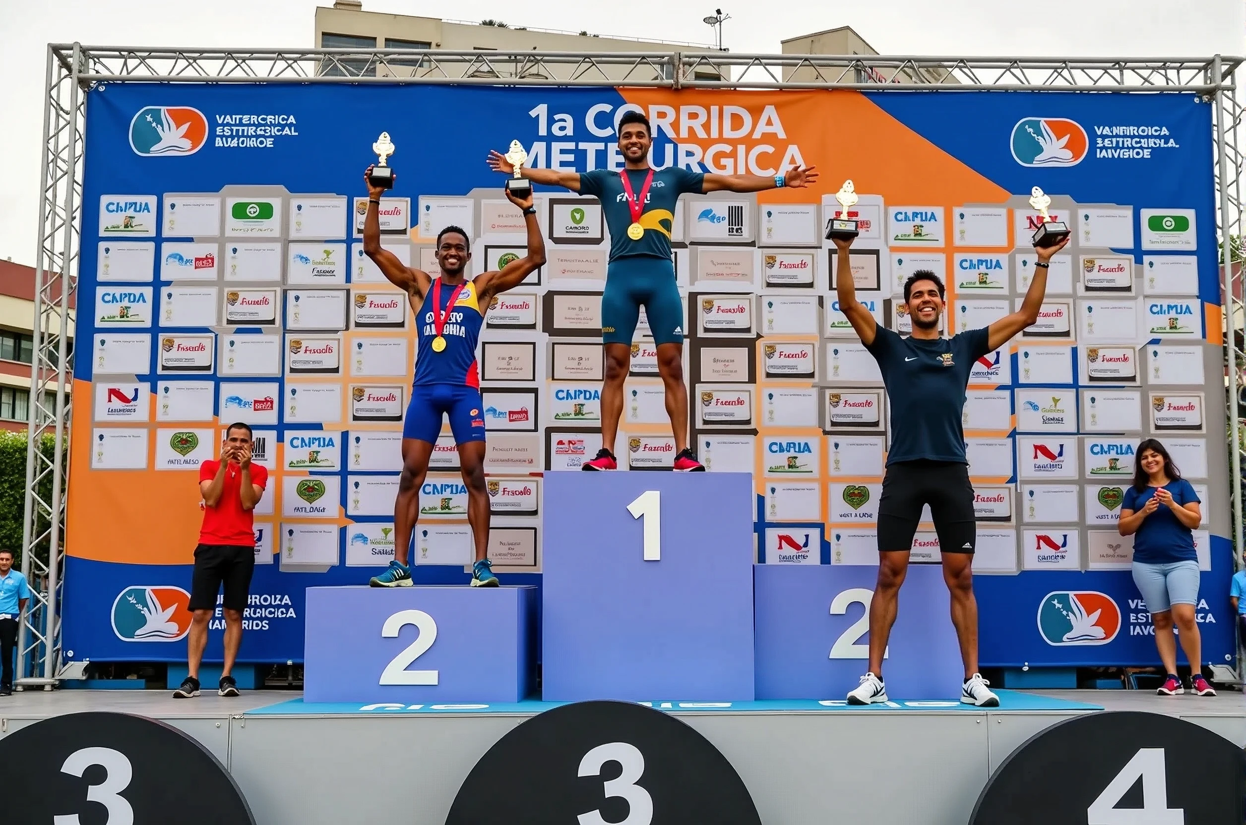 A high-quality photo of three Brazilian athletes standing on a podium during a marathon award ceremony in the daytime. The athletes are wearing colorful athletic gear and medals around their necks, proudly holding trophies above their heads with expressions of joy and accomplishment. The podium is marked with the numbers 1, 2, and 3, indicating their respective positions. The background features a large banner with the text "1ª Corrida Metelurgica" prominently displayed, along with the event’s sponsors. The scene is lively, with spectators and event staff visible, and the overall atmosphere is celebratory and triumphant.