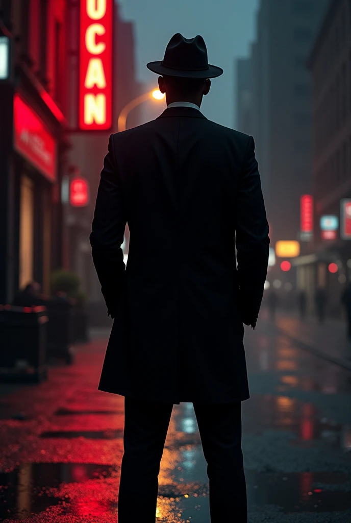 create a black guy with a hat and a black suit with red details. Make him completely back, facing a street at night